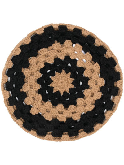 Ganni Logo-patch Recycled-wool And Recycled-polyamide Blend Crochet Beret In Brown