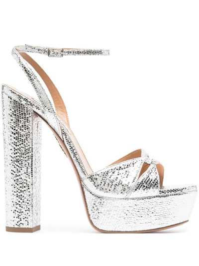 Aquazzura Silver Sinner Plateau 140 Mock Croc Leather Sandals