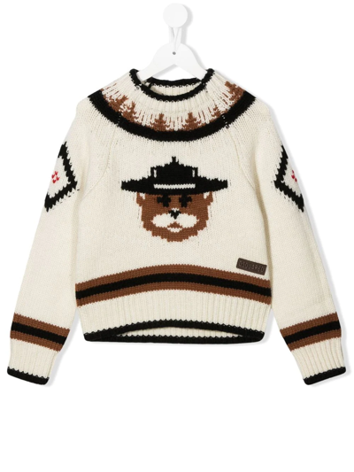 Dsquared2 Kids Pullover In White Wool Blend With Inlaid Teddy In Beige
