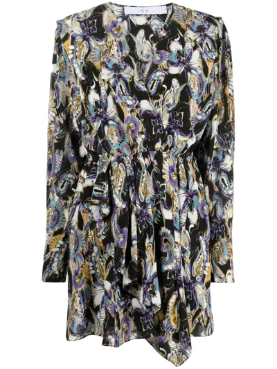 Iro Damie Printed Mini Wrap Dress With Long Balloon Sleeves In Black
