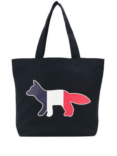 Maison Kitsuné Tricolor Fox Cotton Shopping Bag In Blue