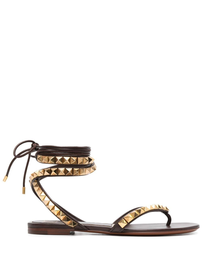 Valentino Garavani Rockstud No Limit Leather Gladiator Sandals In Brown