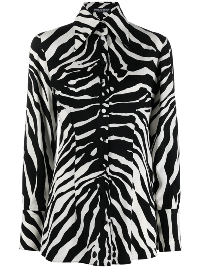 Dolce & Gabbana Slim Fit Zebra Printed Silk Crepe Shirt In Black
