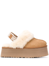 Ugg Platform Mules Made Of Camel-colored Leather With Faux Fur And Elastic Back In Brown
