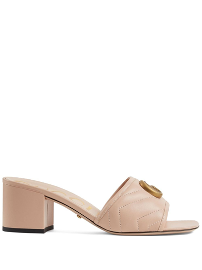 Gucci Double G Leather Heel Mules In Skin Rose