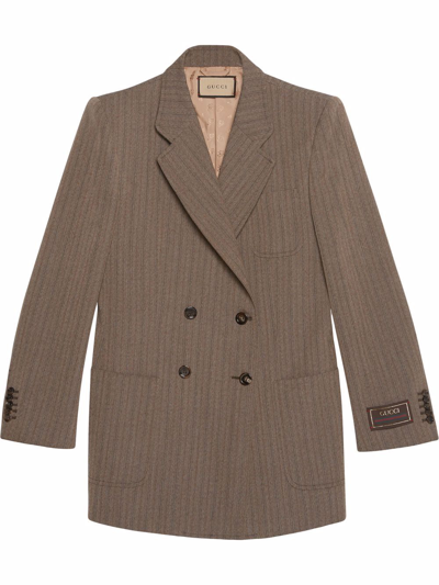 Gucci Double Breasted Herringbone Wool Coat In Brown