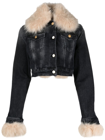 Blumarine Shearling-trimmed Denim Jacket In Nero