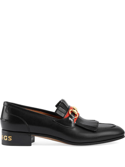 Gucci Leather Loafers With Horsebit And Fringes In Black