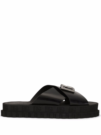 Dolce & Gabbana Leather Slides With Logo In Black