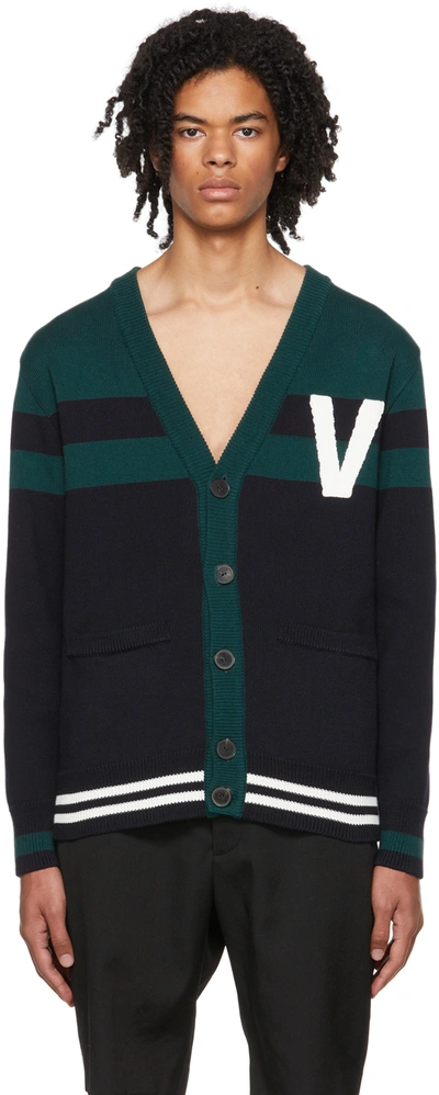 Valentino Striped Cardigan With V Logo Patch In Green