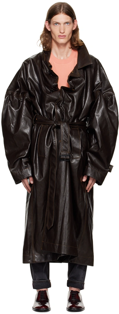 Y/project Ssense Exclusive Brown Wire Faux-leather Coat In Dark Brown