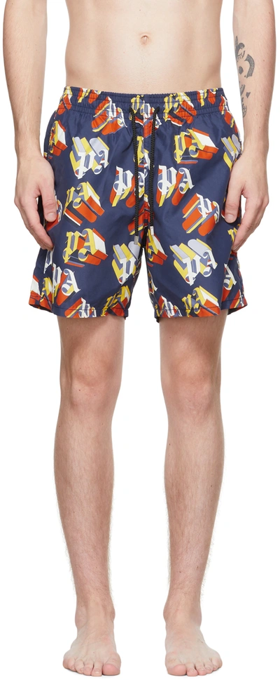 Palm Angels X Vilebrequin Blue 3d Logo Print Swim Shorts In Multi-colored