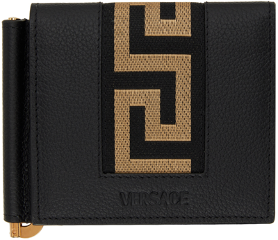 Versace Greca Webbing-trim Bi-fold Wallet In 2b15v Black/gold