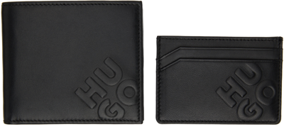 Hugo Black Leather Wallet & Card Holder Set In 001 Black