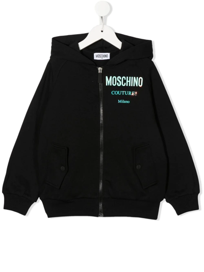 Moschino Kids' Zipped Logo-print Hoodie In Black