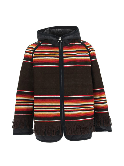 Junya Watanabe Fringed Wool And Quilted Taffeta Hooded Jacket In Brown