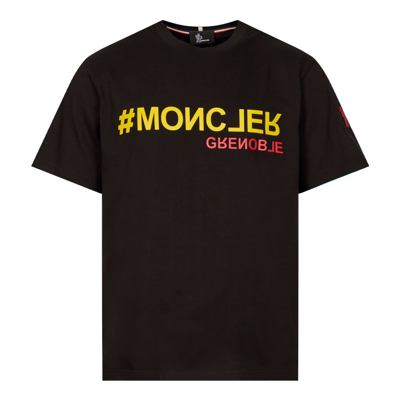 Moncler Grenoble Man Black T-shirt With Contrast Logo In Nero