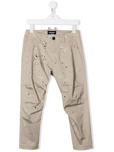 Dsquared2 Kids Sand Chino Trousers With Paint Spots In Beige