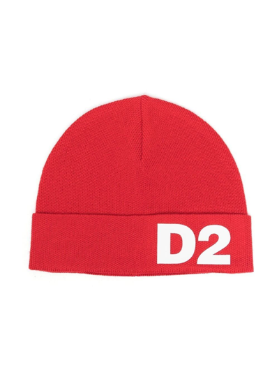Dsquared2 Kids' Rubberized Logo Wool Blend Beanie Hat In Red