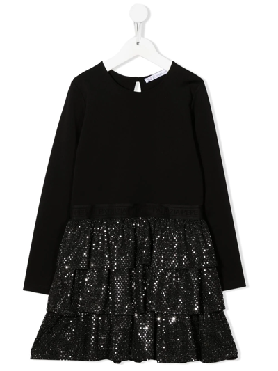 Patrizia Pepe Girl Kids' Sequin-skirt Long-sleeve Dress In Black