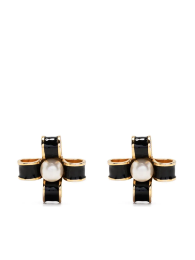 Pre-owned Chanel Enamel-detailed Faux-pearl Clip-on Earrings In Gold