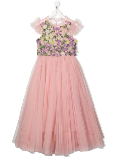 Marchesa Couture Kids' Tulle Floral-design Ruffled Dress In Pink