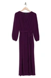 Connected Apparel Faux Wrap Long Sleeve Maxi Dress In Plum