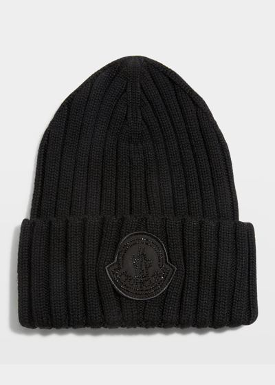 Moncler Logo-patch Knitted Beanie In Black