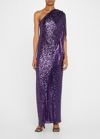 Badgley Mischka One-shoulder Fringe Sequin Gown In Plum