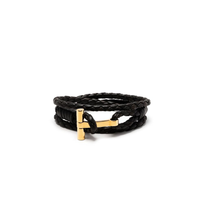 Tom Ford Black Woven Leather Bracelet In Black_gold