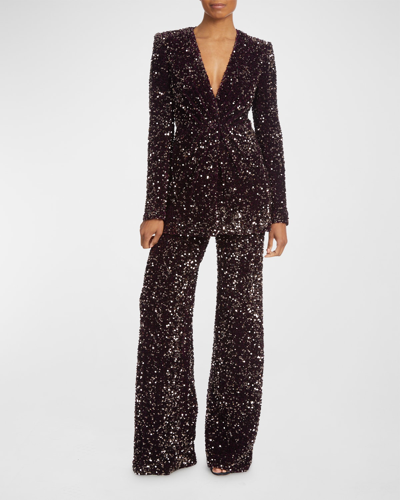 Badgley Mischka Sequined Mesh Straight-leg Pants In Silver Gold