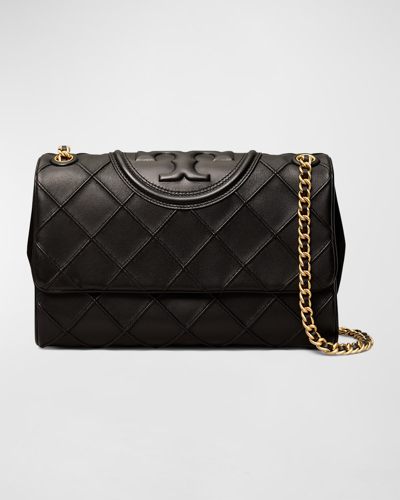 Tory Burch Fleming Woven Lambskin Convertible Shoulder Bag In Black
