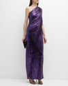 Badgley Mischka One-shoulder Fringe Sequin Gown In Plum