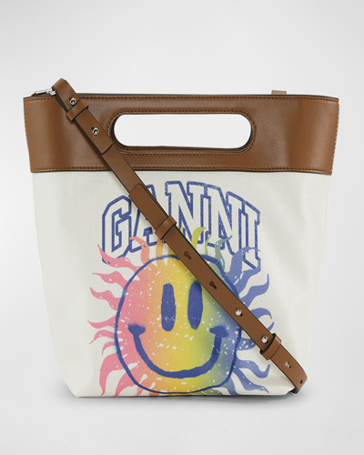 Ganni Smiley Graphic Recycled Leather Crossbody Bag In Egret