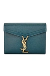 Saint Laurent Cassandra Leather Wallet On A Chain In Bleu Canard