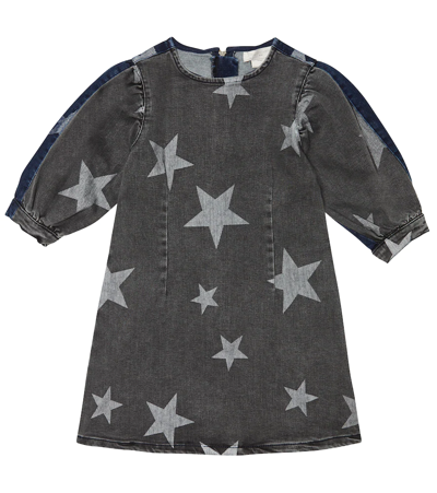 Stella Mccartney Kids' Star Print Puff Sleeve Denim Dress In Grey