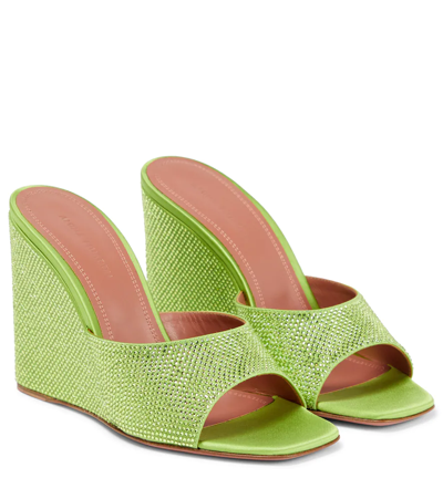 Amina Muaddi Lupita Crystal-embellished Satin Wedge Sandals In Green