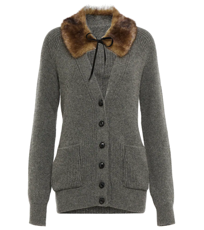 Saint Laurent Detachable Faux Fur-collared Wool Cardigan In Grey