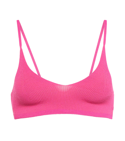 Jacquemus Pralu Cropped Embellished Ribbed-knit Top In Pink