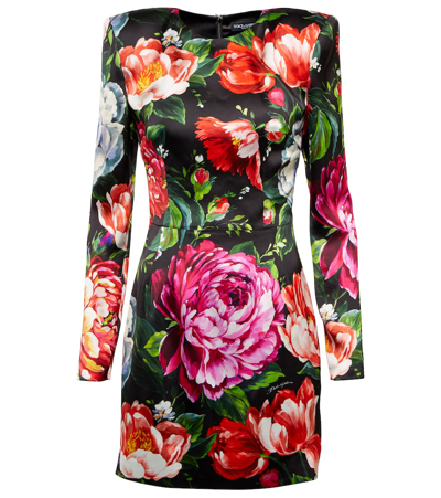 Dolce & Gabbana Gathered Floral-print Stretch-tulle Mini Dress In Black