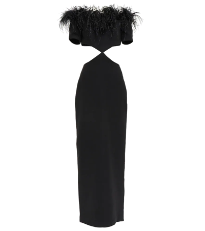 Rasario Off-the-shoulder Cutout Feather-embellished Crepe Maxi Dress In Black