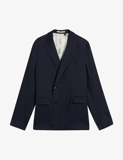 Ted Baker Shutton Double-breasted Wool And Linen-blend Blazer In Navy