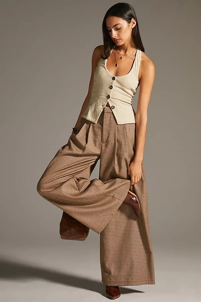 Maeve Pleated Wide-leg Houndstooth Trousers In Brown