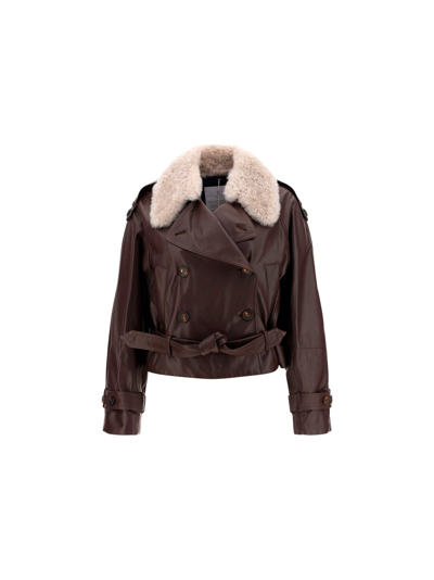 Brunello Cucinelli Cropped Belted Shearling-trimmed Leather Jacket In Espresso