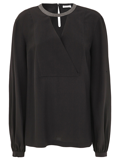Brunello Cucinelli Round Neck Shirt V-neck Detail In Black