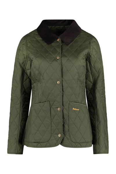 Barbour Deveron Diamond Quilted Jacket In Olive/pale Pink