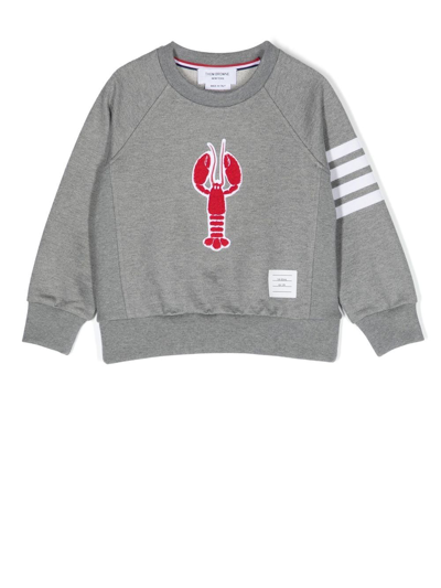 Thom Browne Kids' Lobster-patch 4-bar Sweatshirt In Grey