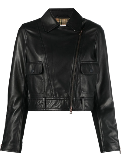 See By Chloé Cropped Wool-paneled Leather Biker Jacket In Black