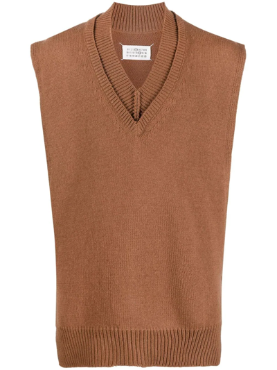 Maison Margiela Layered-detail V-neck Sweater In Braun