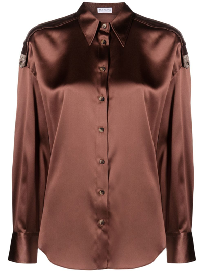 Brunello Cucinelli Stretch Silk Satin Classic Shirt In Brown